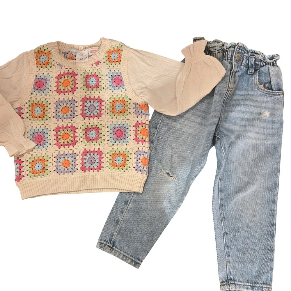 Zara Kids Crochet Knit Top‎ and Distressed Denim Jeans Set Size 3-4 Years Boho